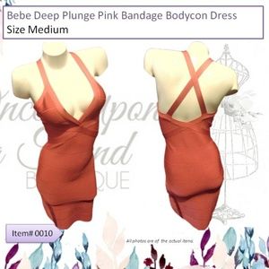 bebe Deep Plunge Pink Bandage Bodycon Dress Size M